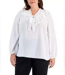 KASPER Ruffled Tie-Neck Blouse, Lily White, Plus Size 2X New w/Tag $89 SOLD OUT