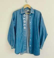 Vintage Denim and Lace Bows Shacket Shabby Chic Light Wash Jean Jacket Chambray Shirt