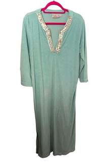 Quacker Factory Terry Mother of Pearl Kaftan Dress Blue Green Large Lounge Mumu