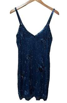 Oleg Cassini Black Tie Beaded Navy Blue Mini Dress Size 10