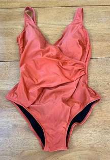 Gottex Retro Swimwear Ruched One Piece Wrap Swimsuit Shiny Orange, Size M