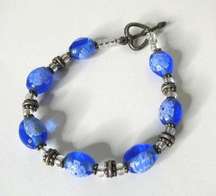 Silver Tone Blue Flower Floral Beaded Toggle Bracelet Artisan Heart Glass Clear