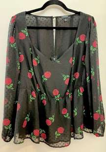 Torrid Black Roses Peplum‎ Chiffon Clip Dot Buff Sleeve Top 1X