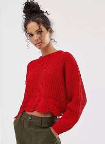 ALYA Cable Knit Chunky Bright Red Crew Neck Long Sleeve Crop Sweater Size Medium