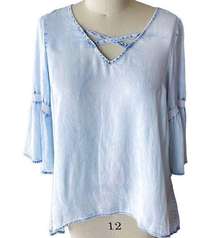 ABSOLUTELY FAMOUS Light Denim Blue Boho Bohemian Peasant Blouse ~ Women's MED