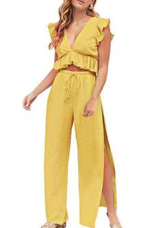 Fancyinn Marigold Yellow 2 Piece Summer Beach Vacation pants Top Set sz medium