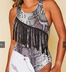 NWT Peach‎ California Love Black Snake Print Fringe Bodysuit Large