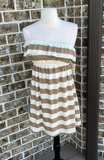 Off Shoulder Mini Dress Taupe Beige Stripe Knit Coverup Womens Small