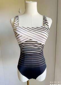 Vintage 80s Gottex One Piece Swim Suit Striped Black Gold Cream Size 6/36