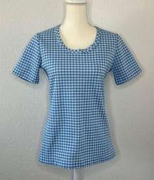 Vintage Blue and White Gingham Patterned Short Sleeve Top