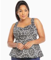 Torrid Black And White Lace Print Sateen Peplum Top 2X