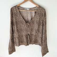 Hollister M Womens Leopard Print V Neck Crop Peplum Shirt Long Sleeve