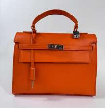 Large Orange Genuine Leather Handle Bag with a Strap