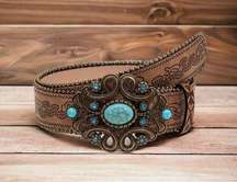 Oval Turquoise Buckle Belt Boho Brown Geometric Embossed Faux Leather Belt