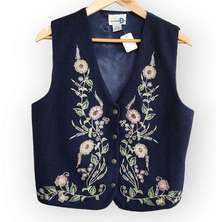 Vintage PHD Blue Wool Floral Button Down Vest M