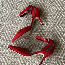 Women red suede ankle wrapped pointed toes stilettos d’orsay shoes, Size 61/2M