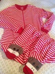 Nick & Nora Red and White Striped Sock Monkey Footed One Piece PJs Size M  Red