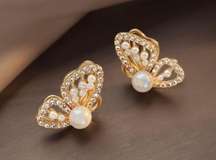 Gold Butterfly Stud Earrings for Women,White Pearl Earrings,Butterfly Earrings