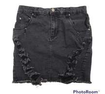 Prettylittlething black distressed denim mini skirt size 8