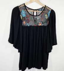 Cha Cha Vente Black Floral Embroidered Short Sleeve Tunic Women's Size Medium M