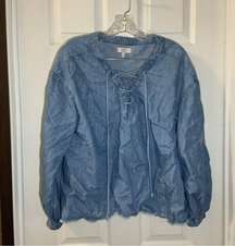 True Craft Blue Chambray Lace Up Neck Blouse size 0X