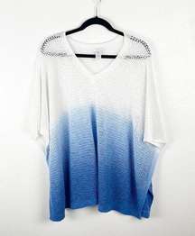 J. JILL Blue Ombré Linen Blend Open Knit Poncho, One Size