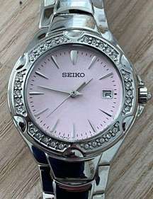 Seiko Ladies Watch Crystal Embellishments Pink Dial Stainless Bracelet Date