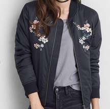 Floral Embroidered Black Puffer Bomber Jacket