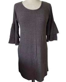 Ruffle Flare Bell Sleeve Dress Tunic Heather Brown Black Soft Size Small