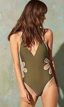 Aerie Green Flower Cutout Open Back High Cut One Piece Swimsuit M