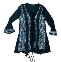 Pretty Angel womens 1 x black goth grunge tunic top lace corset witch silver ren