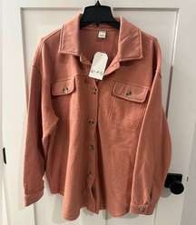 NWT  Fuzzy button down Shacket in Dull Rose, size L, brand new, pink