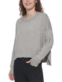 NWT! DKNY Gray Studded Crew Neck Pullover Sweater XL