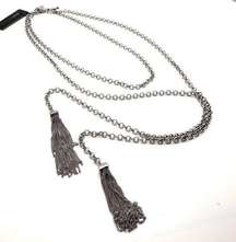 NWT BCBGMaxAzria Toggle Dual Chain Long Tassel Necklace Silver tone Rocker Biker