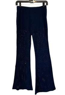 Earthbound Trading Women's Navy Faux Suede Flare Floral Cutout Pants