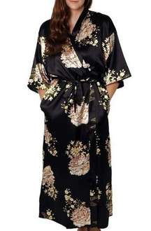 Women's Plus Size Silky Black Floral Rose Satin Robe Kimono Nightgown Size 1X XL