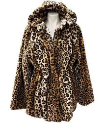 Brown Leopard Zip Front Faux Fur Coat with Hood and Waist Detail