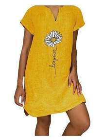 Yellow  Short Sleeve Dress Bonjour Flower Size Large V Neck