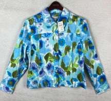 Coldwater‎ Creek Womens XL 18 Button Jacket Watercolor Blue Floral Stretch Denim