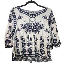 Kindred Embroidered Peasant Blouse Top Short Sleeve Navy & White Womens SZ Large