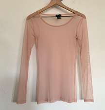 Small Blush Pink Mesh Sheer Long Sleeve Round Neck Top 90s Y2K Vintage