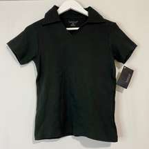 Ultra Club Women’s Short Sleeve Collared Cotton V Neck  Tee Black Sz XS NWT