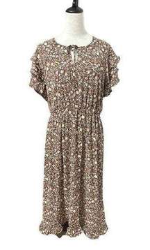 Bobeau Womens A Line Dress Brown Floral Midi Jewel Neck Short Sleeve Boho M New