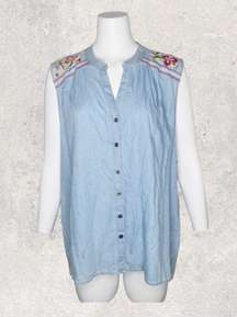 Style & Co Macys Chambray Floral Embroidered Detail Sleeveless Button Up Top XL