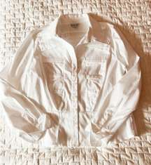 White Ruffle Button Down Blouse Size Petite Large