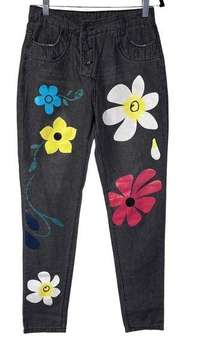 Y2K Black Denim Button Front High Rise Jeans with Daisy Flowers Medium 28 Waist