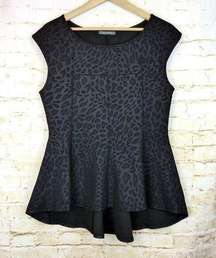 Suzy Shier Jacquard Leopard Sleeveless Peplum Top Womens XL Black Hi-Low Goth