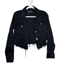 Black Label Raw Cut Jean Jacket Black Denim Cropped Destroyed Raw Hem Size Small