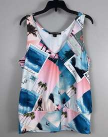 Boston Proper Postcard Print V Neck Blouson Tank Top Size Small Blouse Florida