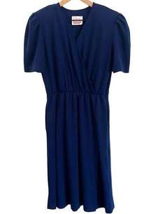 Vintage Blue Wrap Dress 10 Petite Midi Knee Length Navy Blue Capsule Neutral